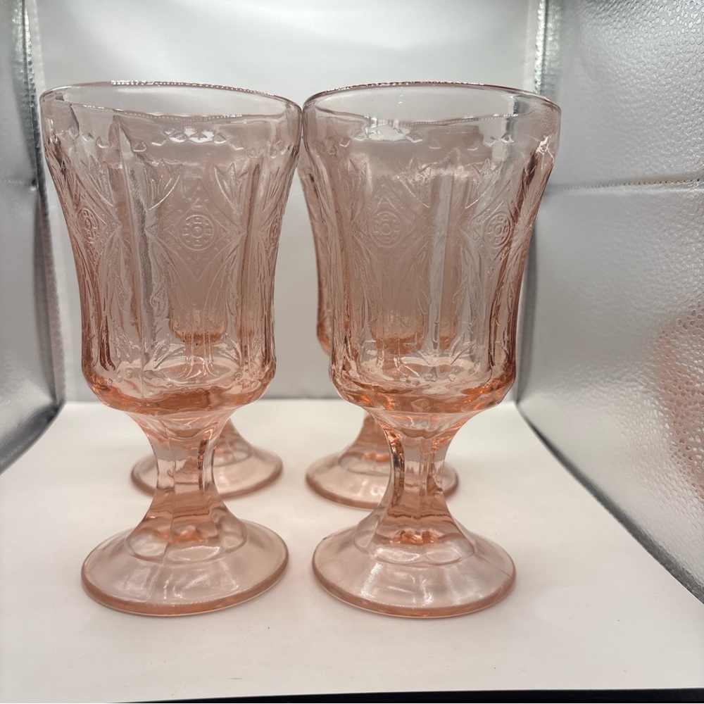 Vtg Pink Depression Glasses Indiana Federal Madrid Footed Water Goblet (4). 4A